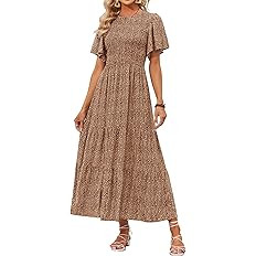 ZESICA Women's 2024 Summer Casual Floral Print Short Flutter Sleeve Crew Neck Smocked High Waist ... | Amazon (US)