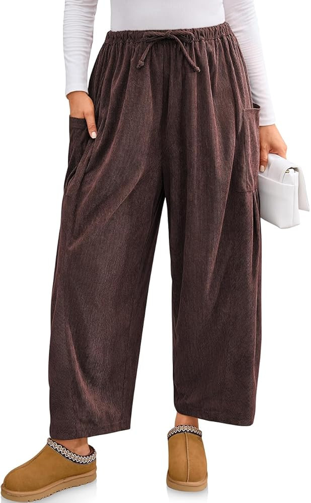 TARSE Womens Corduroy Wide Leg Pants Casual Loose Baggy Drawstring Palazzo Harem Pants with Pocke... | Amazon (US)