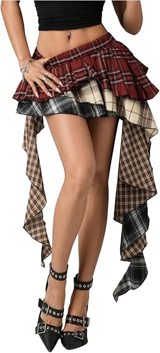SOLY HUX Women's Plaid Ruffle Mini Skirt Y2k A Line Layered Asymmetrical Hem Skirts with Shorts U... | Amazon (US)
