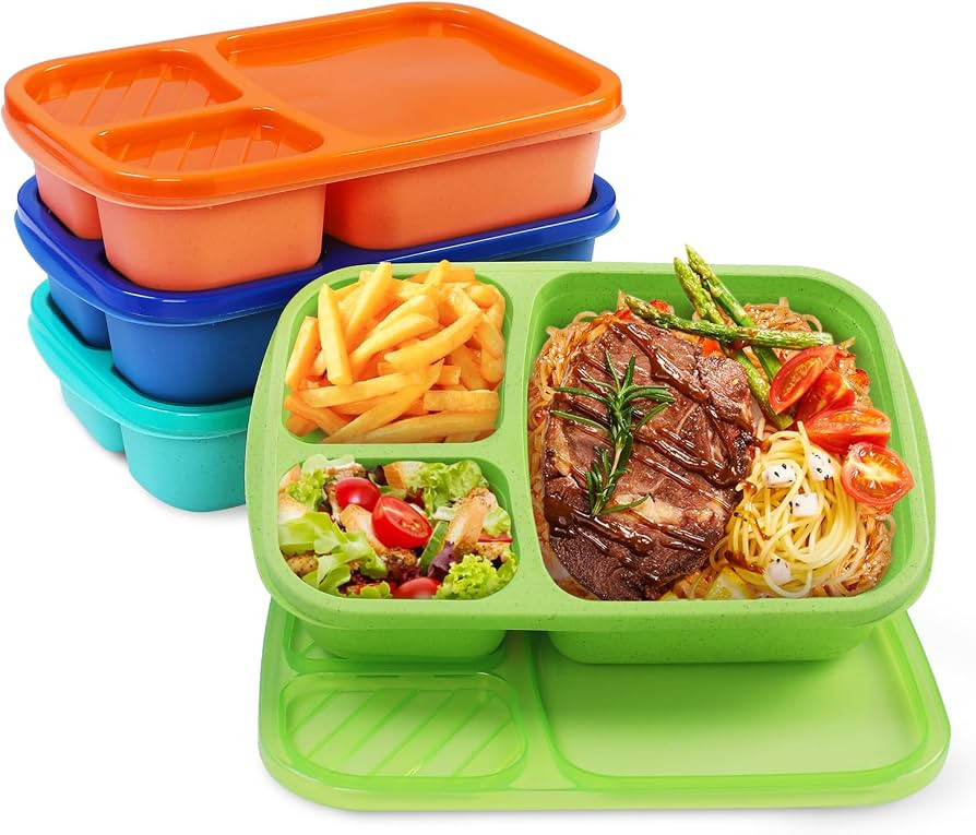 4 Pack Bento Lunch Box Set 3 Compartment Wheat Straw Meal Prep Food Storage Containers Plastic, M... | Amazon (US)