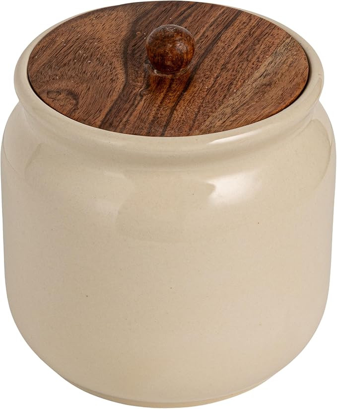 Creative Co-Op, Ivory Stoneware Canister with Acacia Wood Lid, Color and Natural, 6.5" round | Amazon (US)