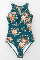 Teal Floral Scalloped One-piece Swimsuit | Cupshe