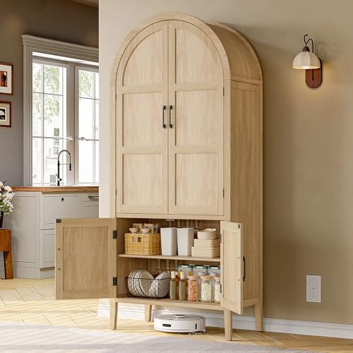 ONBRILL 71 Inch Tall Arched Cabinet, 5-Tier Arched Kitchen Pantry Cabinet with Doors & Shelves, Modern Farmhouse Kitchen Storage Cabinets with Adjustable Feet, Wooden Cabinet for Dining Room (Oak) | Amazon (US)