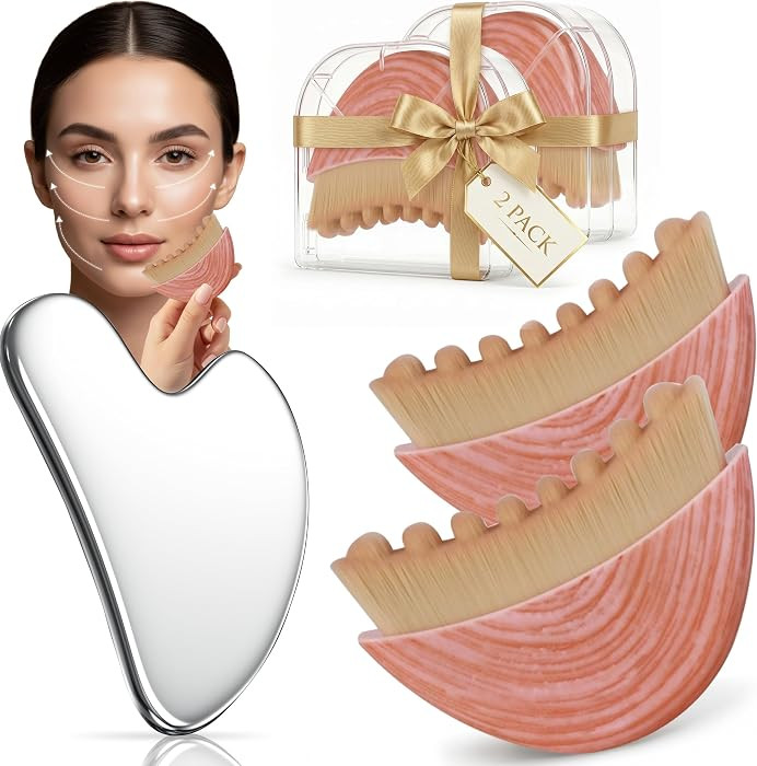 3PCS Lymphatic Contour Face Brush with Stainless Steel Guasha Tool | Amazon (US)