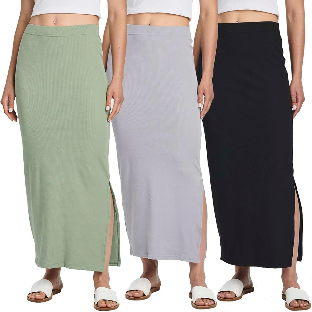 Real Essentials 3 Pack: Women's Ribbed High Waisted Maxi Skirt with Side Slit - Casual Long Penci... | Amazon (US)