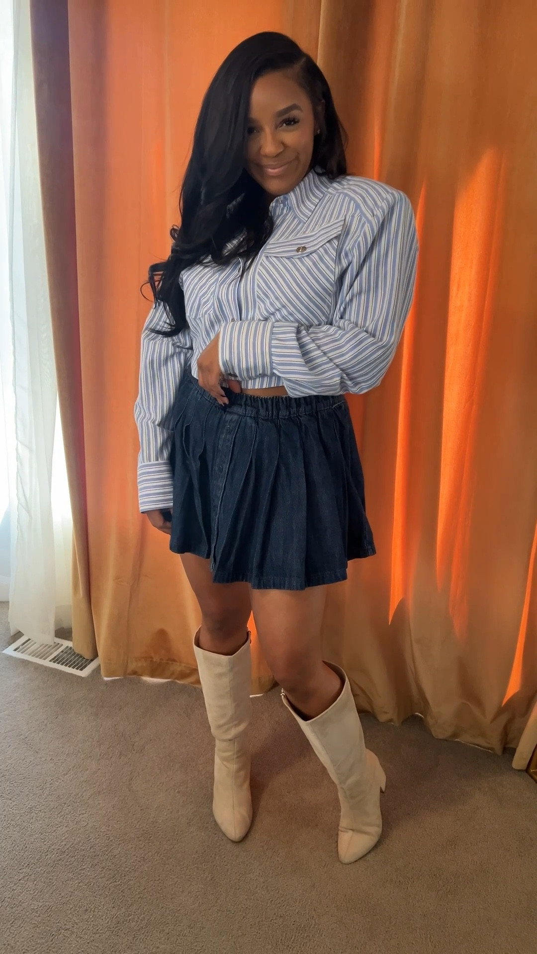OOTD: Outfit of the day! Here’s what I wore to a brand event for a hair extensions brand! I wanted to look casual cute and also wear this skirt before it gets too cold lol! 

The shirt is old but I linked some similar styles! I thought this was a cute fit 🥰

Striped poplin | button down shirt | cropped shirt | exaggerated shoulders | pleated skirt | denim skirt | mini skirt | suede boots | cream boots | stone boots 

#LTKStyleTip #LTKPetite #LTKSeasonal