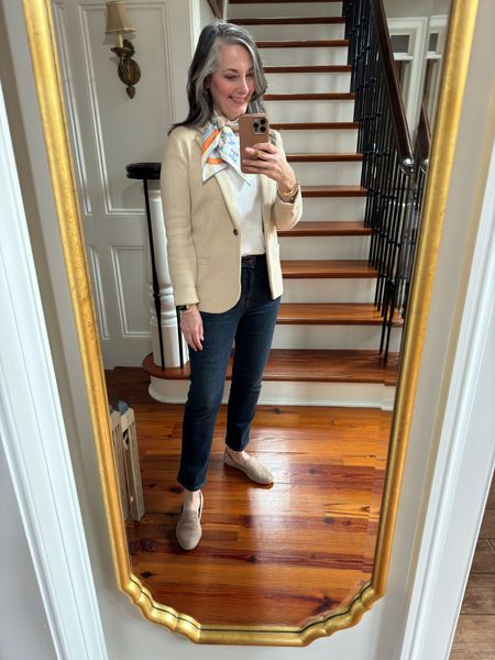 This sweater blazer is perfect year round, but I love it in spring. Wearing a small. Birdies are my favorite flats! They are true to size. #spring #jcrew #sweaterblazer #chicos #buckmason #over50fashion 

#LTKstyletip #LTKover40 #LTKshoecrush