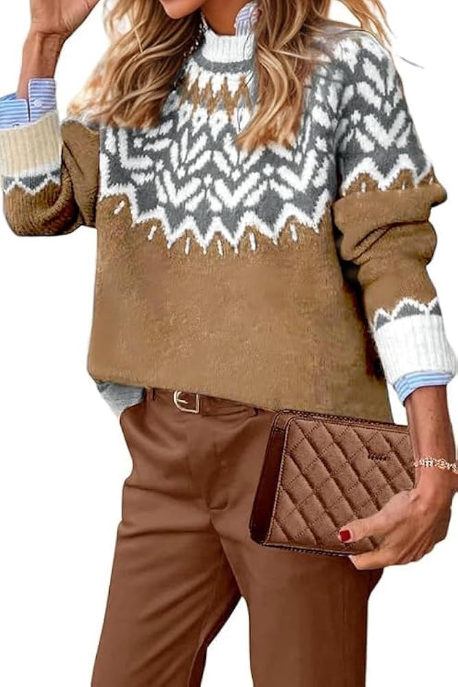 EARKOHA Women's Casual Mock Neck Ribbed Sweater Pullover 2025 Fall Long Sleeve Print Fair Isle Sw... | Amazon (US)