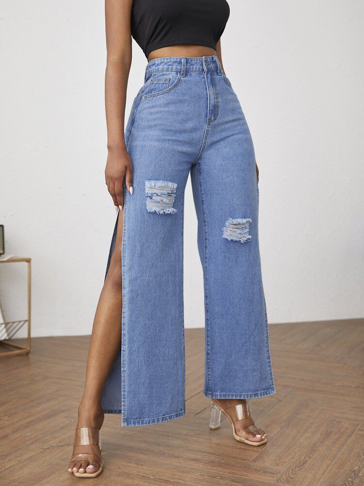 Zipper Fly Ripped Detail Split Thigh Wide Leg Jeans | SHEIN