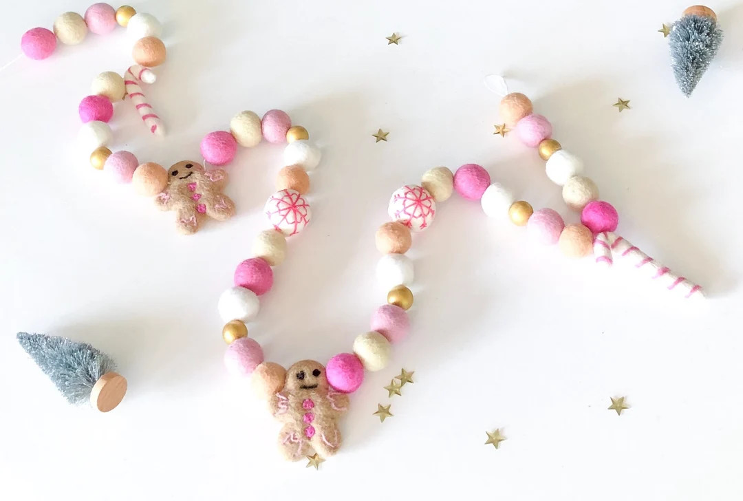 Pink Gingerbread Christmas Holiday Felt Ball Pom Garland/ Pink Candy Cane Garland/holiday Mantle ... | Etsy (US)