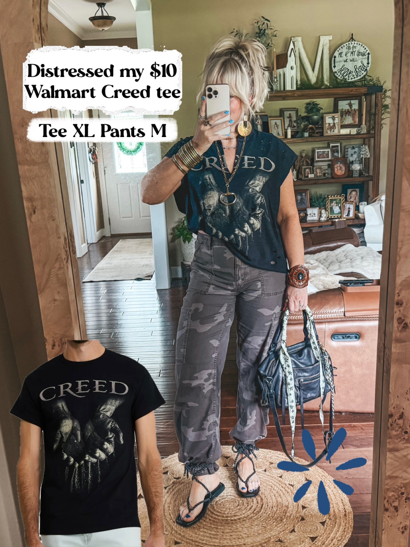 Cut & distressed this $10 Walmart tee. Turned out cute and these pants are so good!! 👏🏼👏🏼
Tee XL  ( wish I had done a L )
Pants M
Sandals true to size

#LTKgrwm #LTKootd #LTKOver40