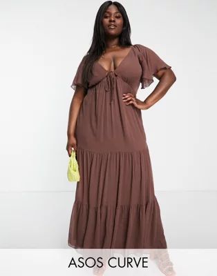 ASOS DESIGN Curve soft tiered maxi dress with tie front in brown | ASOS (Global)