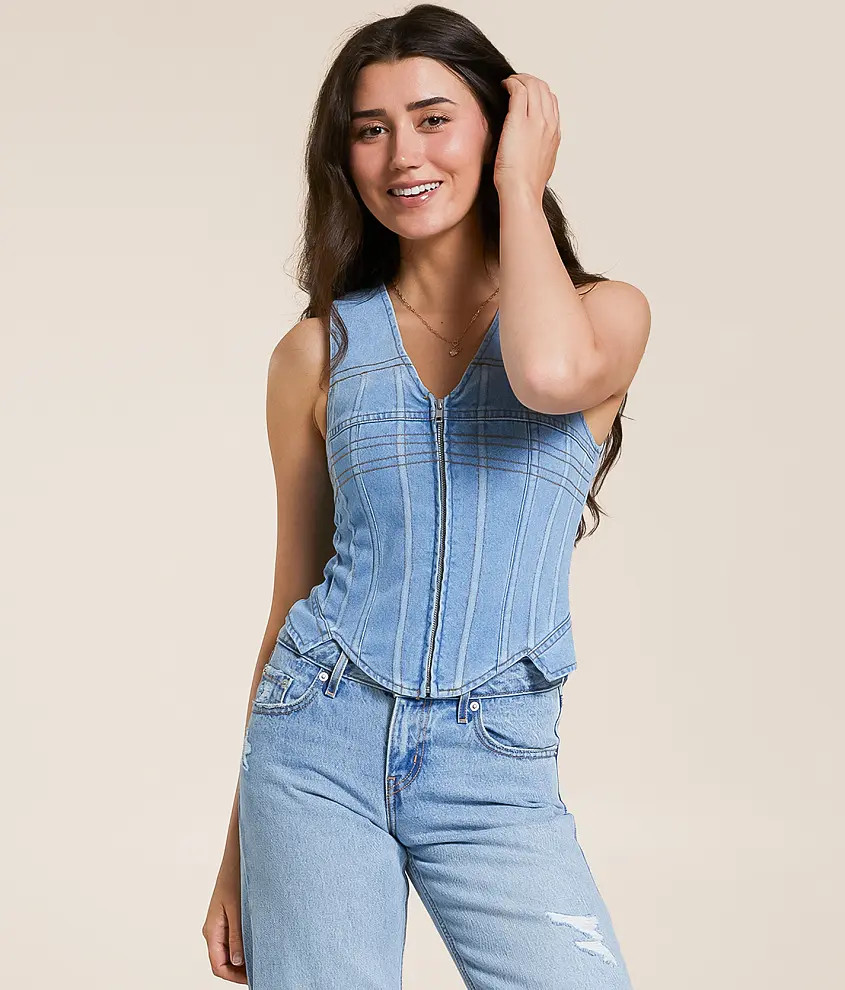 Embroidered Corset Denim Vest | Buckle