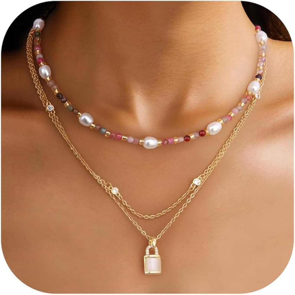 Sanfenly Colorful Beaded Necklace, 18k Gold Plated Boho Layered Pearl Bead Necklace Handmade Beac... | Amazon (US)