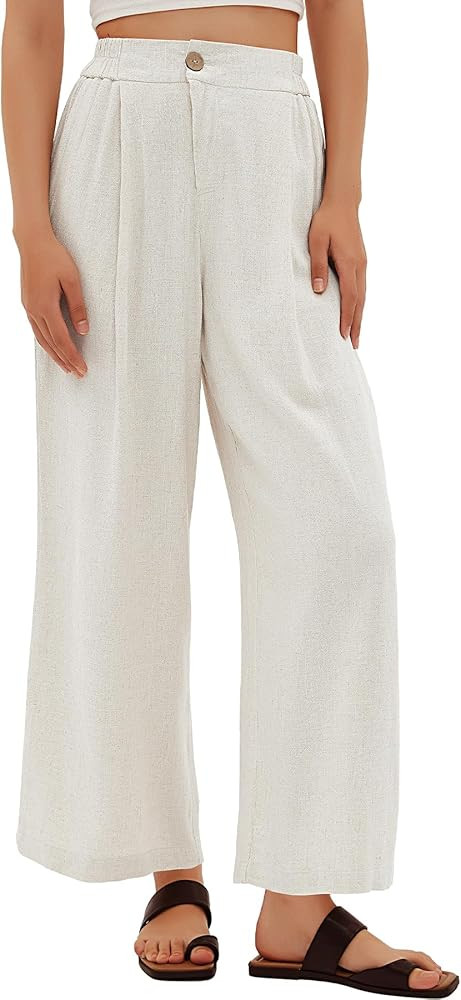 Beaully Women's Casual High Waisted Wide Leg Linen Pants Button Up Straight Leg Trousers with Poc... | Amazon (US)