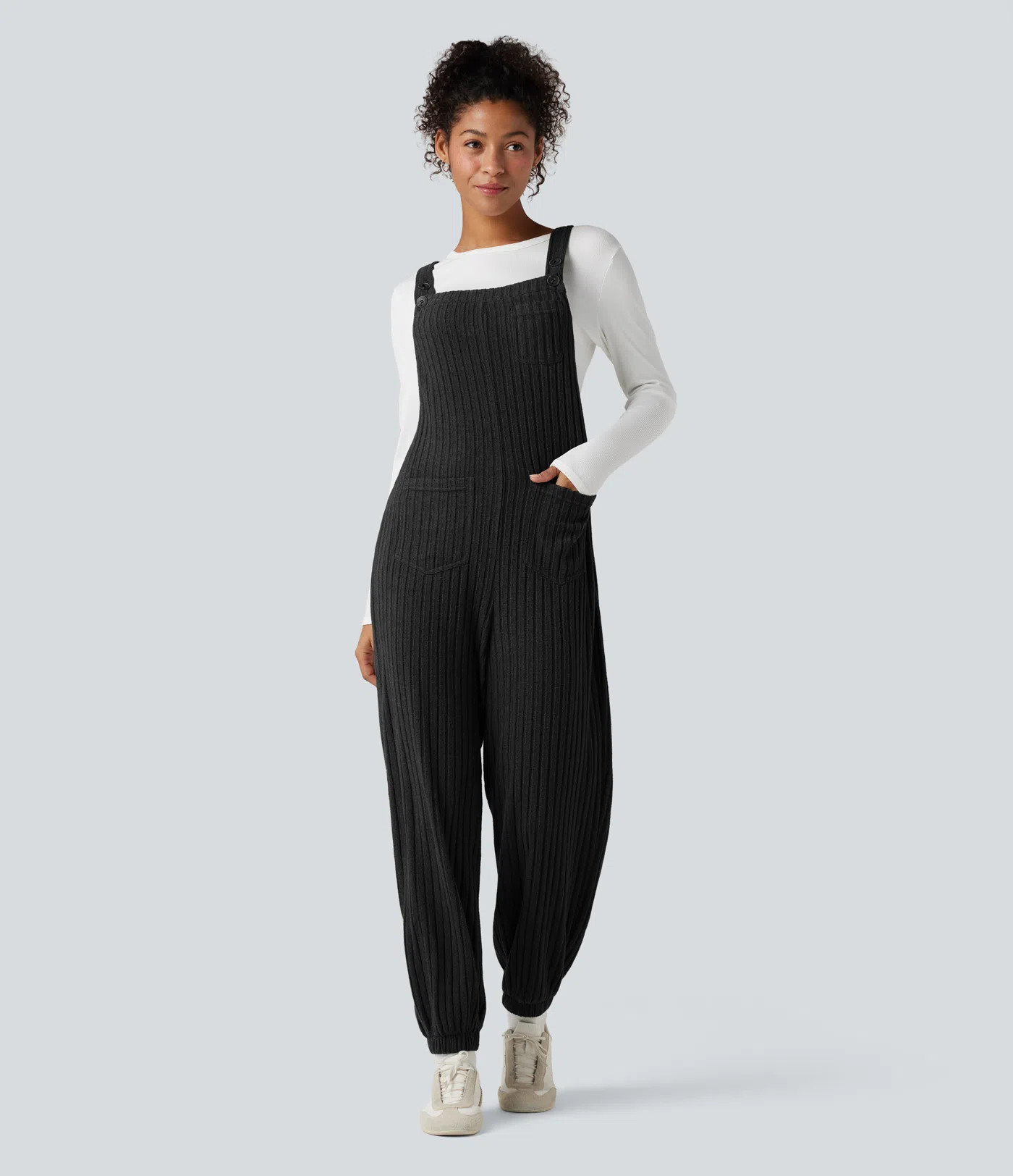 Women’s Ribbed Knit Adjustable Straps Casual Joggers Overalls with Pockets - Halara | HALARA