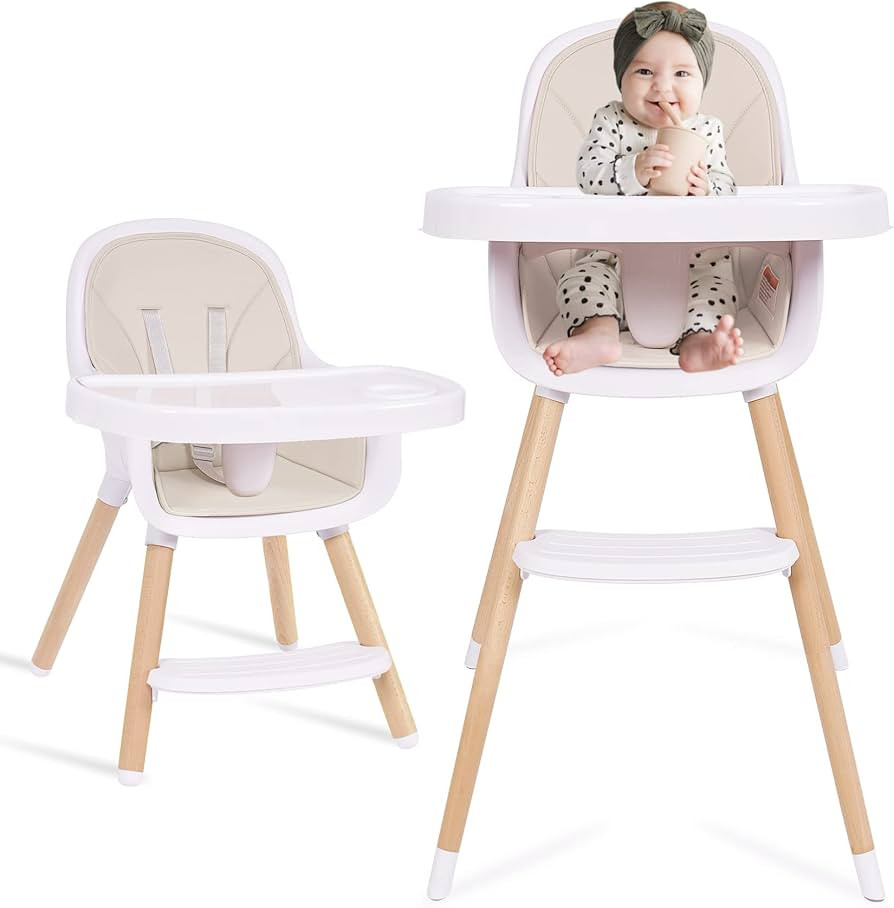 3-in-1 Wooden Baby High Chair, Convertible High Chair with Adjustable Hardwood Legs (Beige) | Amazon (US)