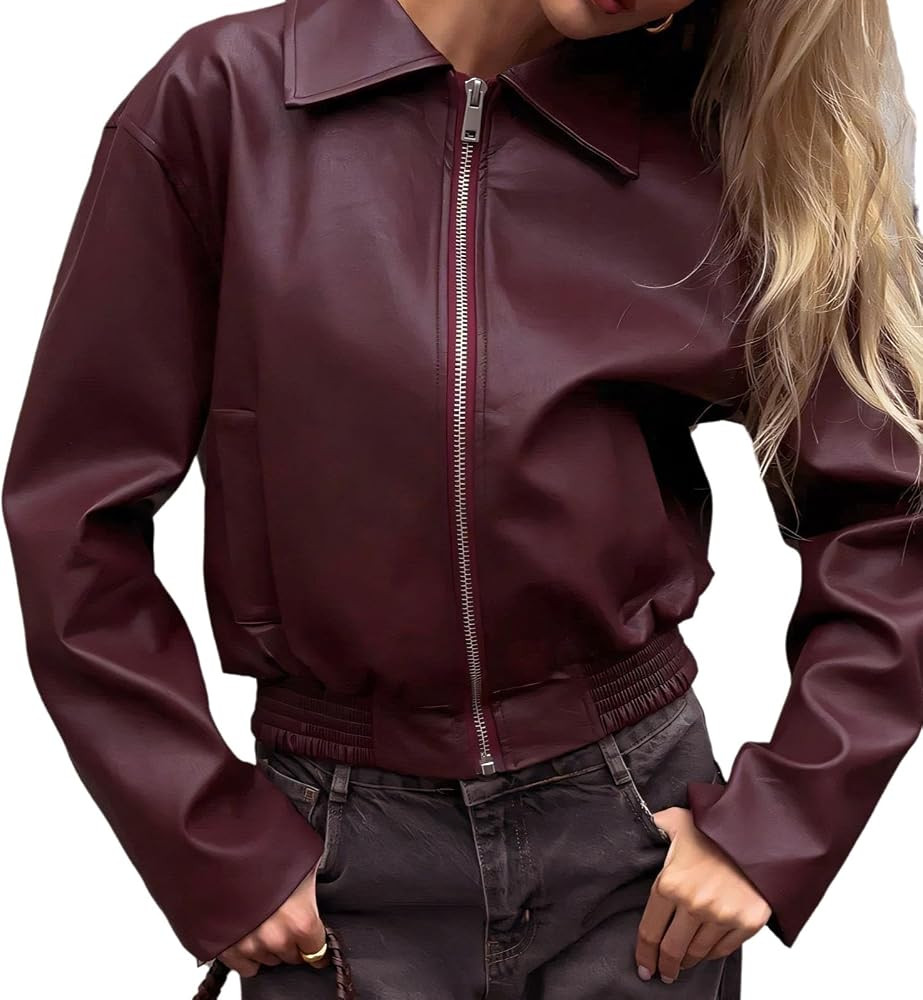 Wuitrie Womens PU Leather Jacket Burgundy Motorcycle Zipper Long Sleeve Streetwear Faux Leather J... | Amazon (US)