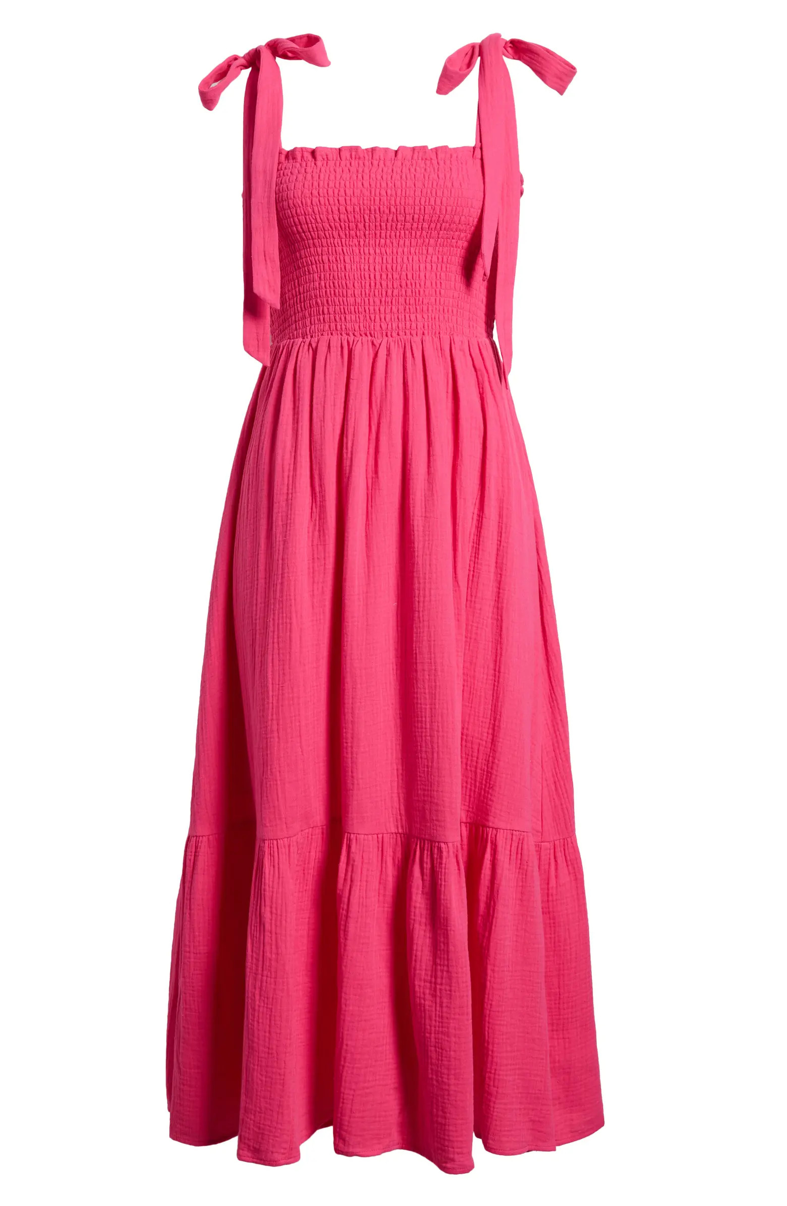 Smocked Tie Strap Cotton Gauze Midi Sundress | Nordstrom