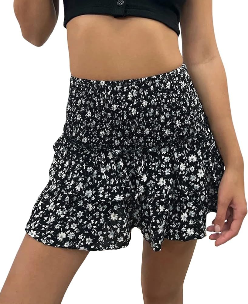 SAFRISIOR Women’s Summer High Waist Floral Layered Ruffle Hem Boho Mini Skirt Smocked A Line Pl... | Amazon (US)