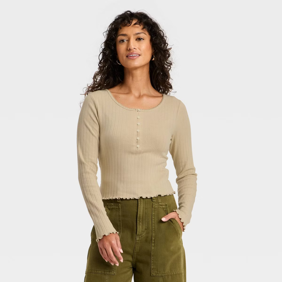 Women's Long Sleeve Pointelle Henley Shirt - Universal Thread™ | Target