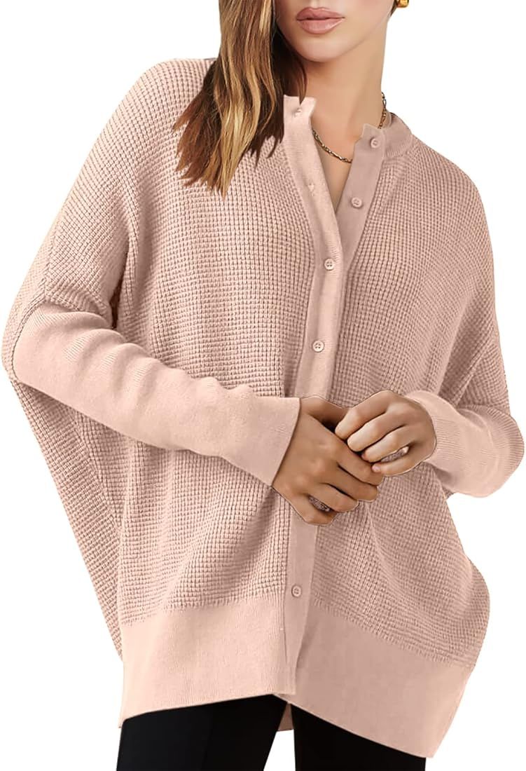 ANRABESS Women’s Long Sleeve Waffle Knit Sweater Button Down Open Front Casual Cardigan & Detached T | Amazon (US)