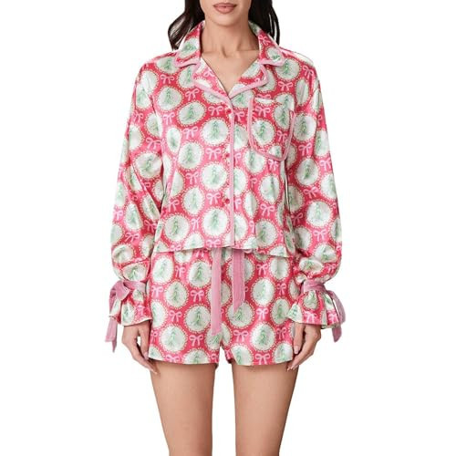Cjfdfy Christmas Pajamas for Women, Long Sleeve Button Up Pj Shirt and Shorts 2 Piece Set Trendy Holiday Sleepwear Outfits (Red #Xmas Tree Pink Bow Print, M) | Amazon (US)
