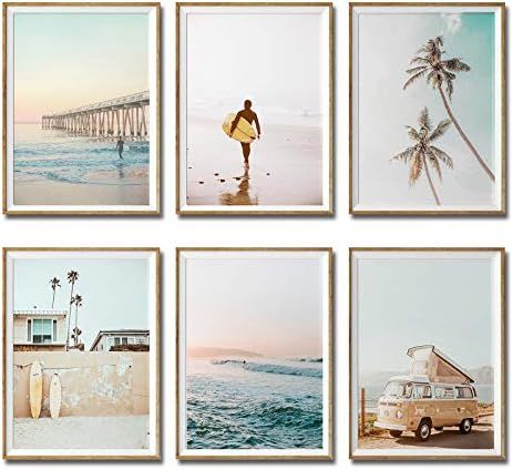 iMagitek Set of 6 Unframed California Coastal Surf Wall Art Prints, Beach Sunset Wall Poster, Sur... | Amazon (US)
