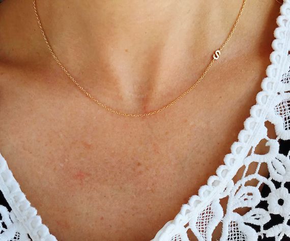 Sideways initial necklace, bridesmaid gift, dainty initial necklace, personalized jewelry, initia... | Etsy (US)