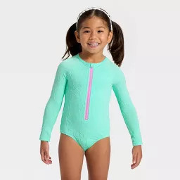 Toddler Girls' Long Sleeve One Piece Jacquard Floral Rash Guard Swimsuit - Cat & Jack™ Bright A... | Target