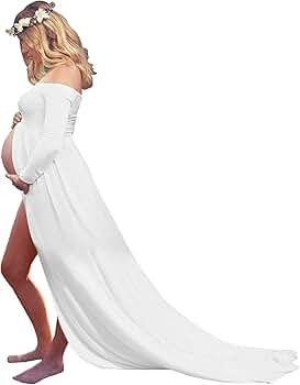 YnimioAOX Women's Off Shoulder Long Sleeve Maternity Dress for Photography Chiffon Maternity Gown... | Amazon (US)