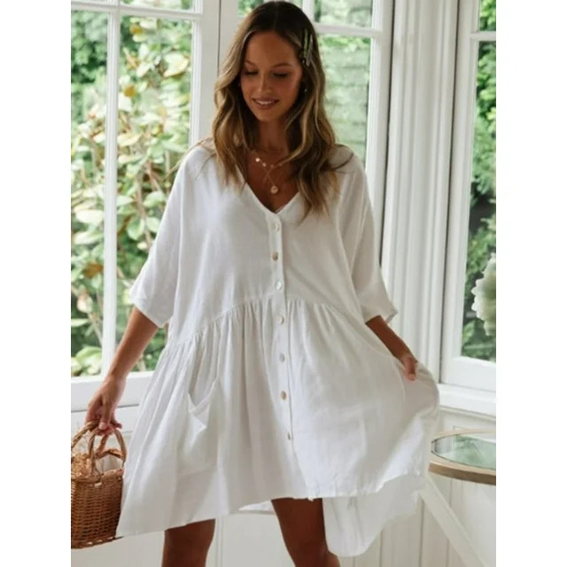 Charmo Beach Swimsuit for Womens Sleeve Coverups Bikini Cover Up Shirt Button Pocket Down Skirt | Walmart (US)