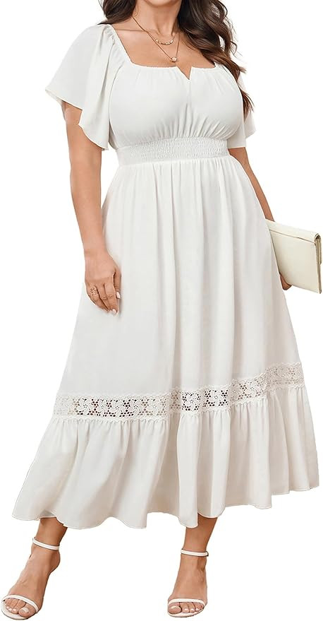 SCOMCHIC Plus Size Dress for Cocktail Wedding Guest Short Sleeve Square Neck Smocked Waist A-Line... | Amazon (US)