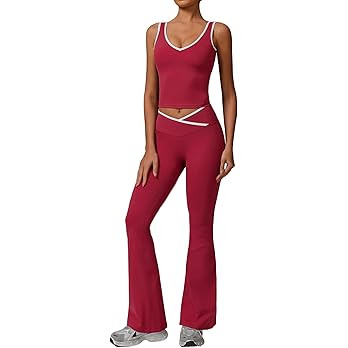 Women's 2 Piece Workout Set Colorblock Crossover High Waist Flare Leggings Crop Tank Top Athletic... | Amazon (US)