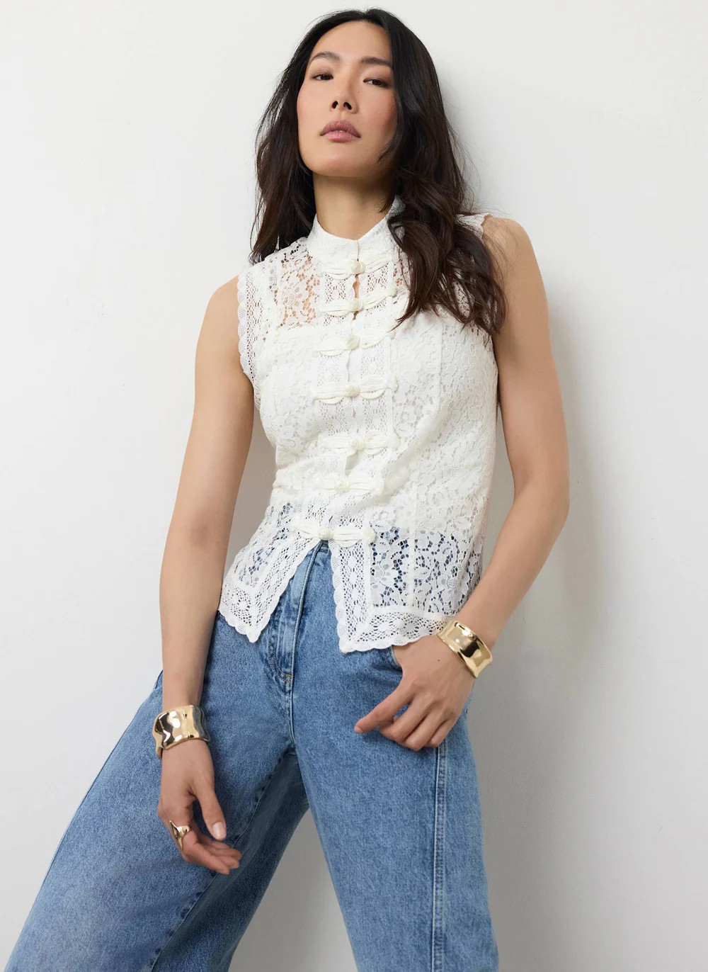 White Lace Stand Collar Top | Mint Velvet