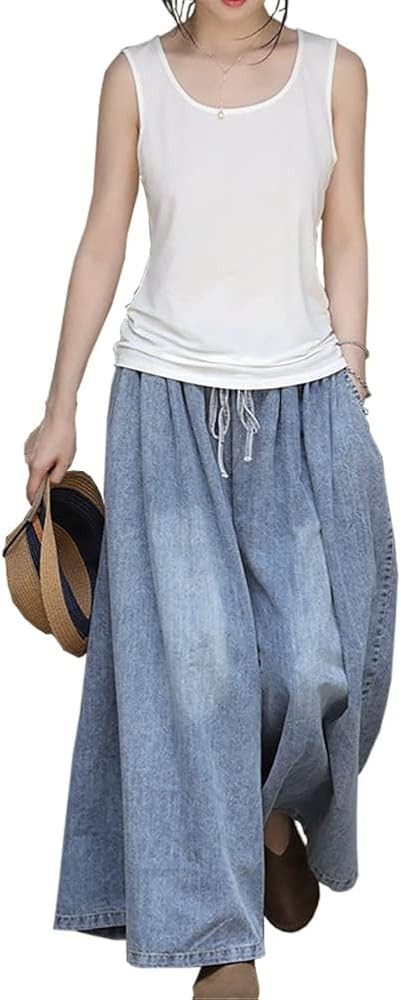 Extra Wide Leg Denim Pants for Women Long Jeans Elastic Waist with Pockets Plus Size Loose Casual | Amazon (US)