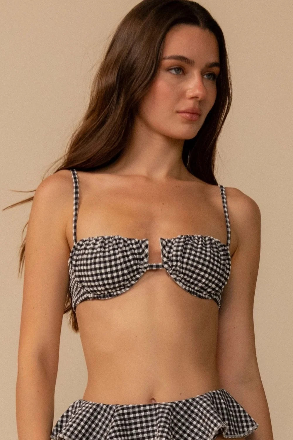 Black & White Micro Gingham Petal Bikini Top | Montce