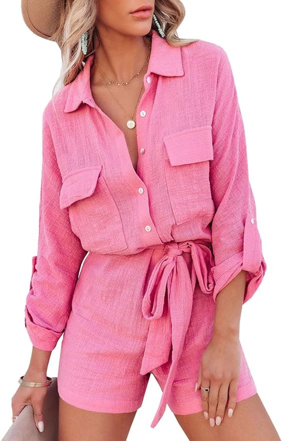 ReachMe Womens Casual Summer V Neck Collared Textured Jumpsuits Button Up Tie Waist Shorts Rompers w | Amazon (US)