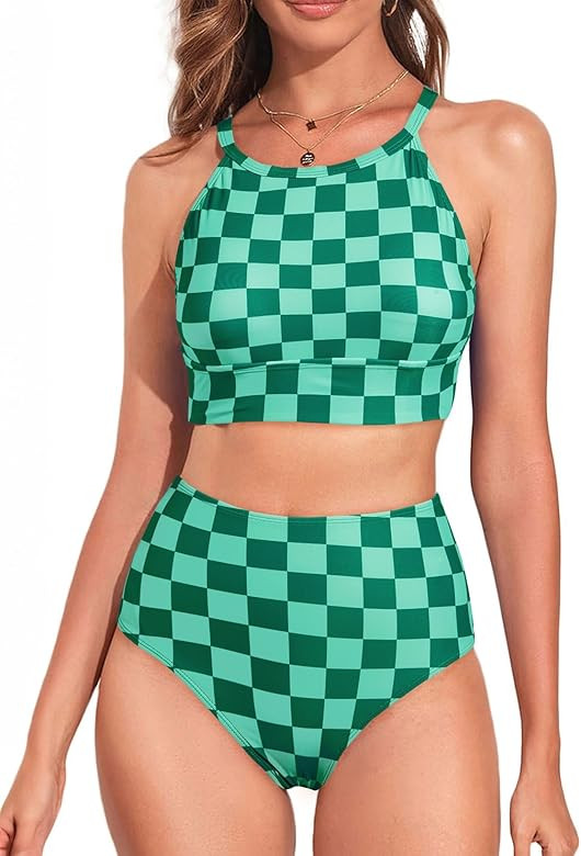 Herseas Women's Bikini Sets High Neck Tropical Leaf Print High Waisted Two Pieces Swimsuits Bathi... | Amazon (US)