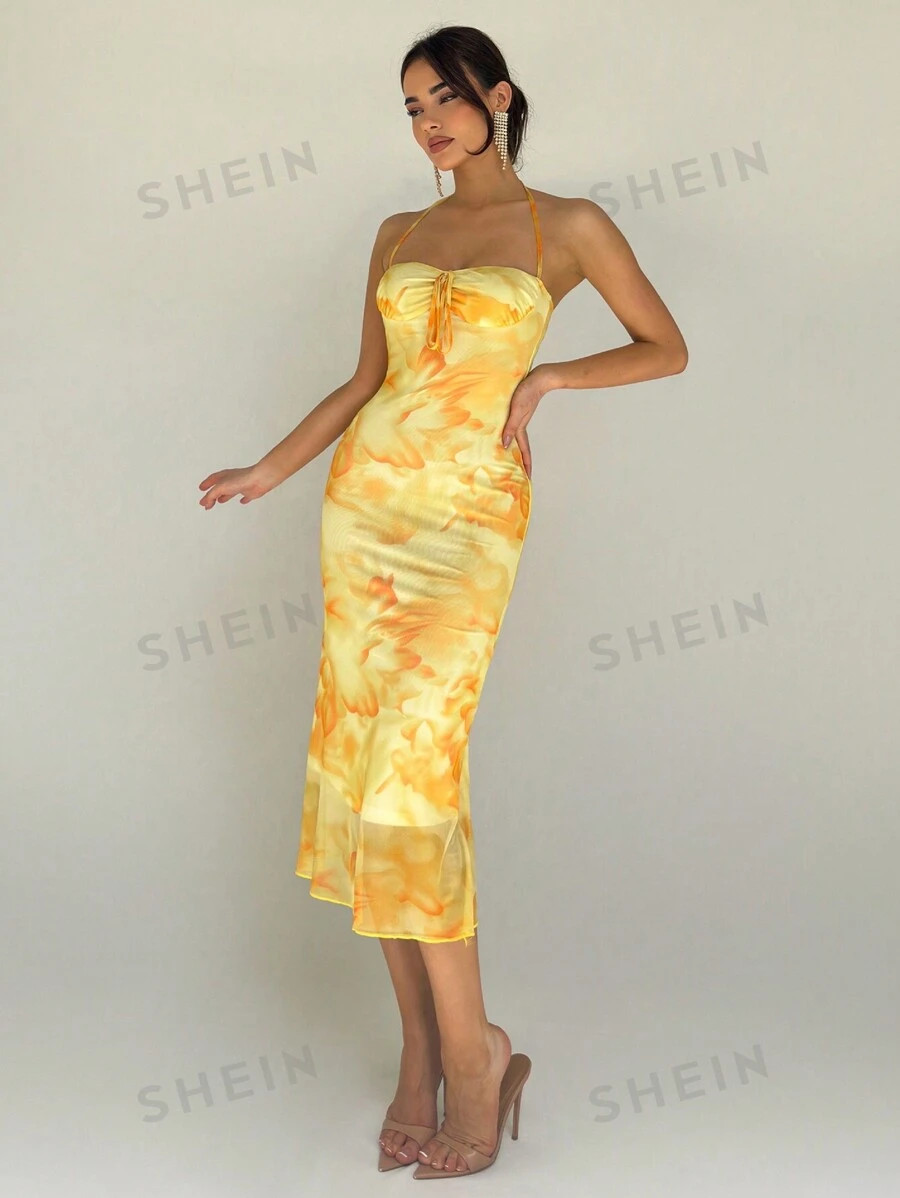 SHEIN Aloruh Spring/Summer  Holiday Date Floral Print Mid-Length Bodycon Dress With Neck Tie For ... | SHEIN