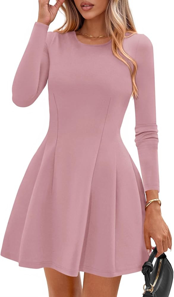 PRETTYGARDEN Long Sleeve Mini Dress for Women 2026 Spring Crewneck Knit Pleated Babydoll A Line C... | Amazon (US)