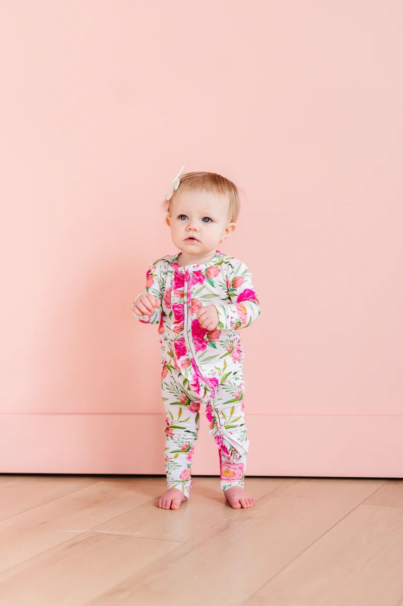 Pink Peony convertible foot Onesie | Little Pajama Co.
