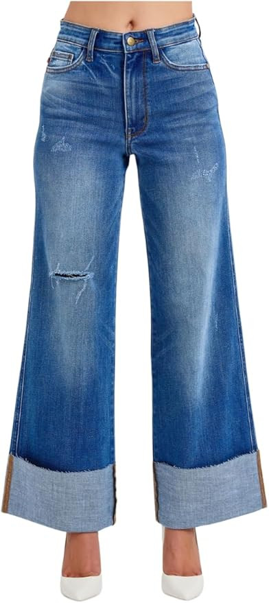 Judy Blue Distressed High Rise Wide Leg Jeans | Amazon (US)