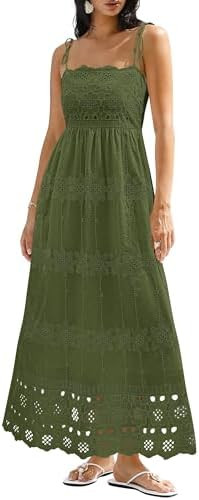 dowerme Womens Spaghetti Strap Eyelet Cotton Boho Maxi Dress | Summer Casual Square Neck Smocked ... | Amazon (US)