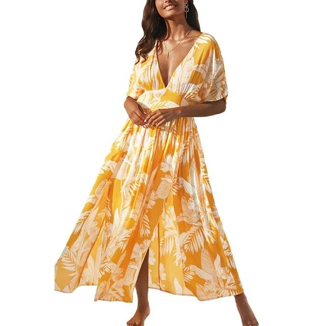 Cupshe Women's Short Sleeve Yellow Leafy V Neck Elastic Waisted Maxi Dress, S, Rayon | Walmart (US)