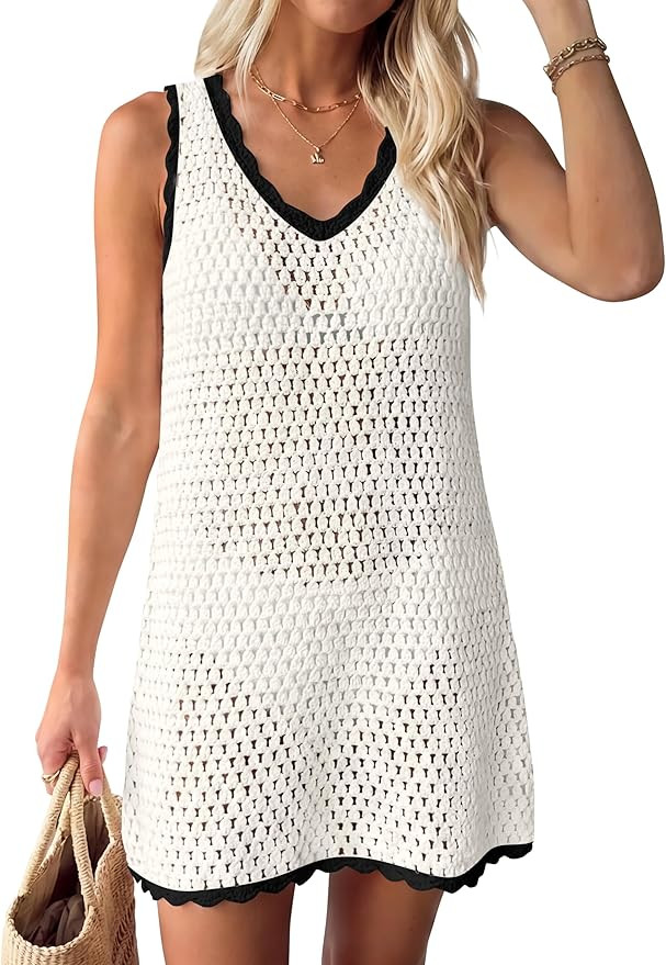 ANRABESS Womens Swimsuit Cover Up 2026 V Neck Knit Swimwear Bathing Suit Crochet Backless Dress S... | Amazon (US)