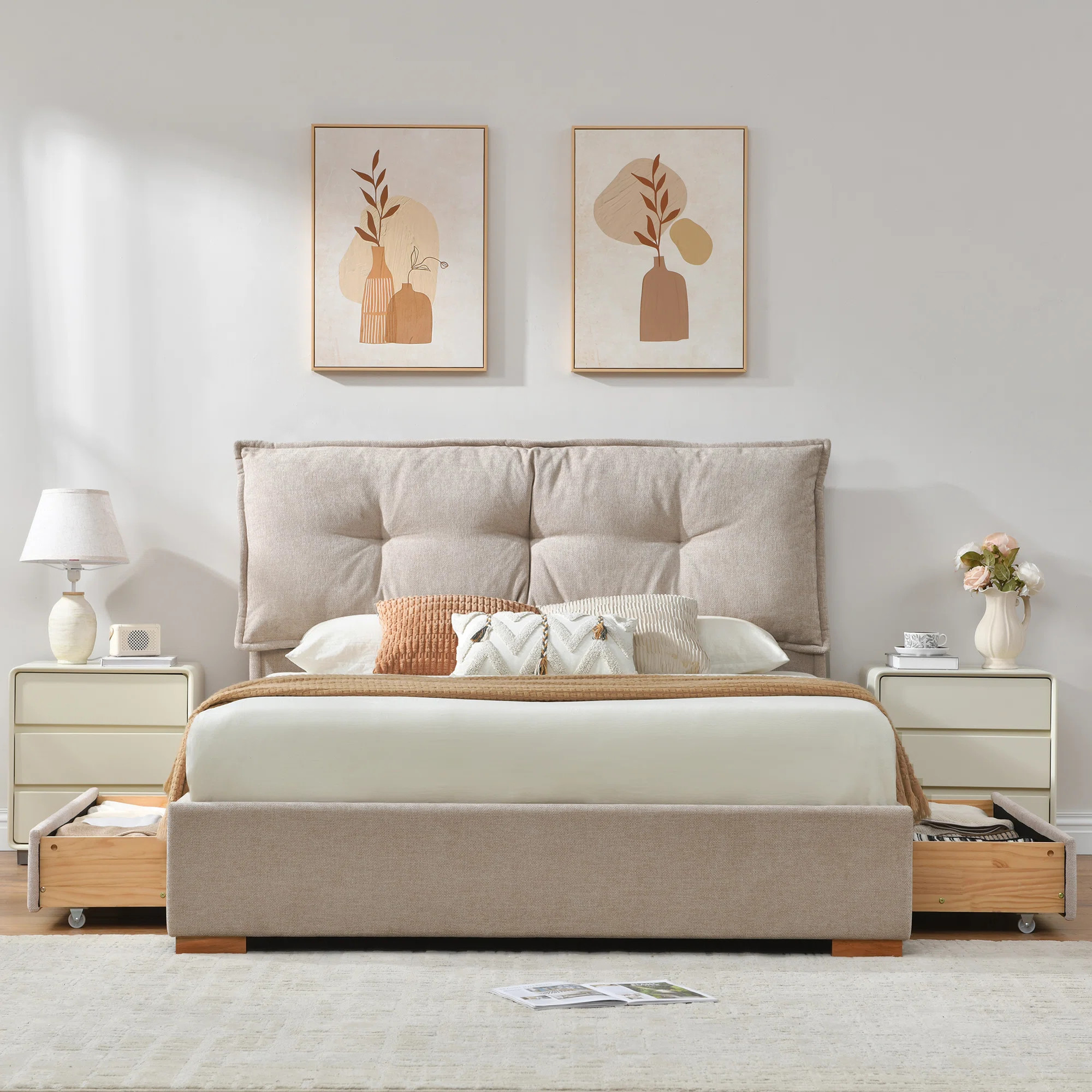Latitude Run® Braya Upholstered Platform Storage Bed With Removable Pillow-Style Headboard, 2 Large Wooden Drawers, Beige, Full & Reviews | Wayfair | Wayfair North America