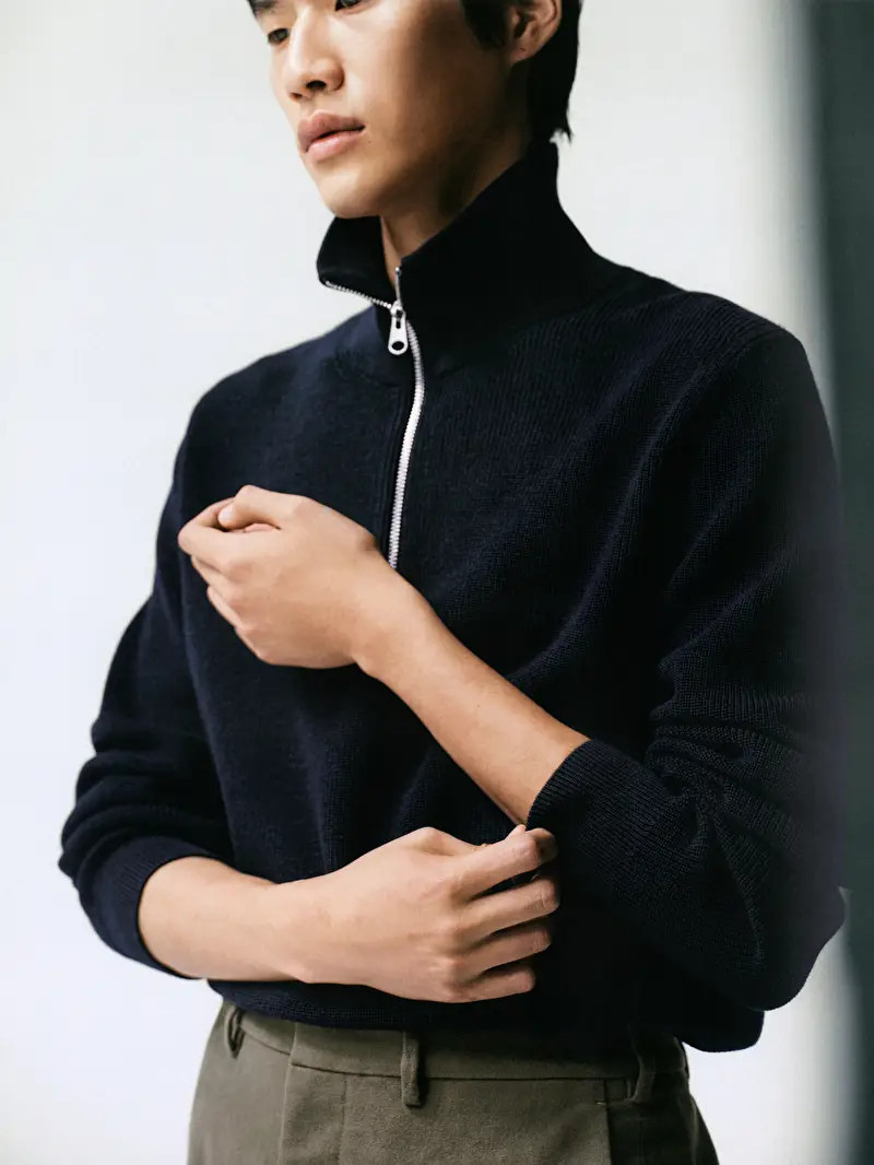 Wool & Cotton Half Zip Jumper - Dark Blue - ARKET GB | ARKET (US&UK)