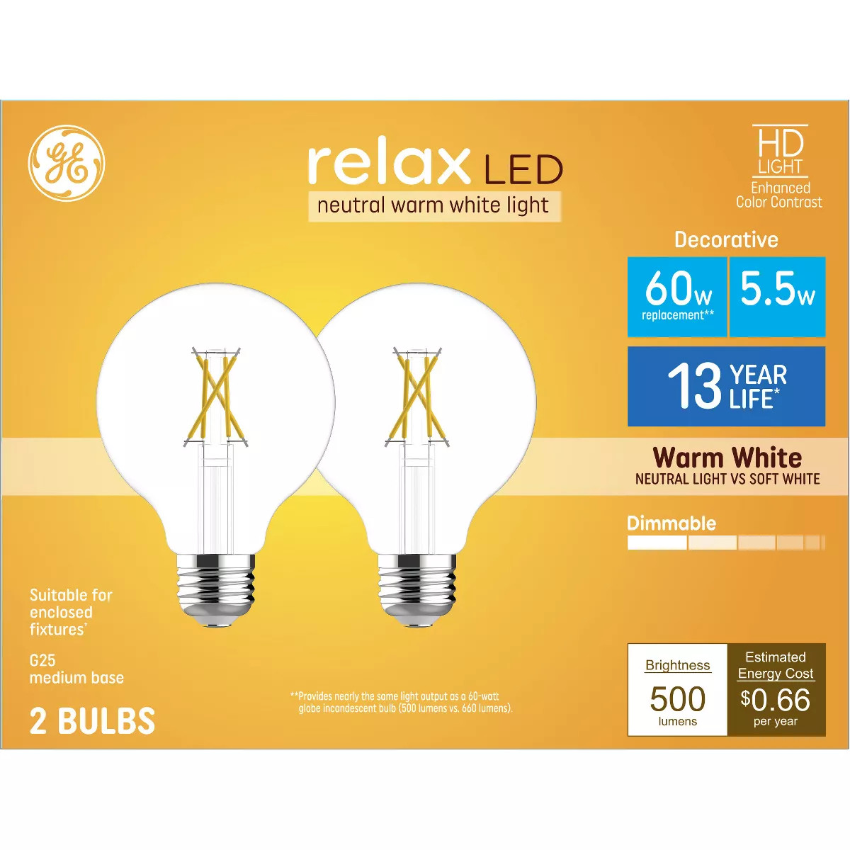 GE 2pk 60W Relax G25 LED Bulbs Warm White: Dimmable, Energy Star Certified, 500 Lumens, 13.7-Year... | Target