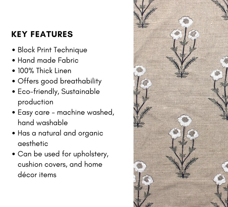 Thick Linen 58 Wide, Block Print, Indian Cushion Cover, Linen by Yard, Floral Print, Pillow Cover... | Etsy (US)